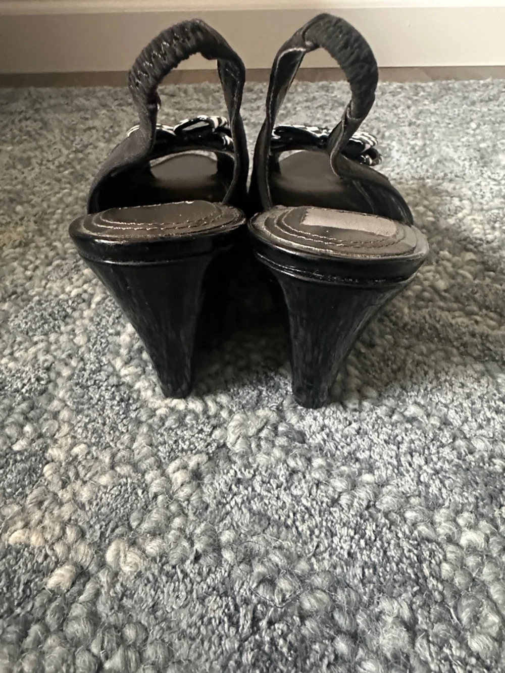 Impo Peep Toe Slingback Wedge Heels Black Checkered Bow Accent